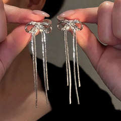 14K Gold-Plated Elegant Zircon Bow Tassel Earrings - elegant Bow Tassel Earrings