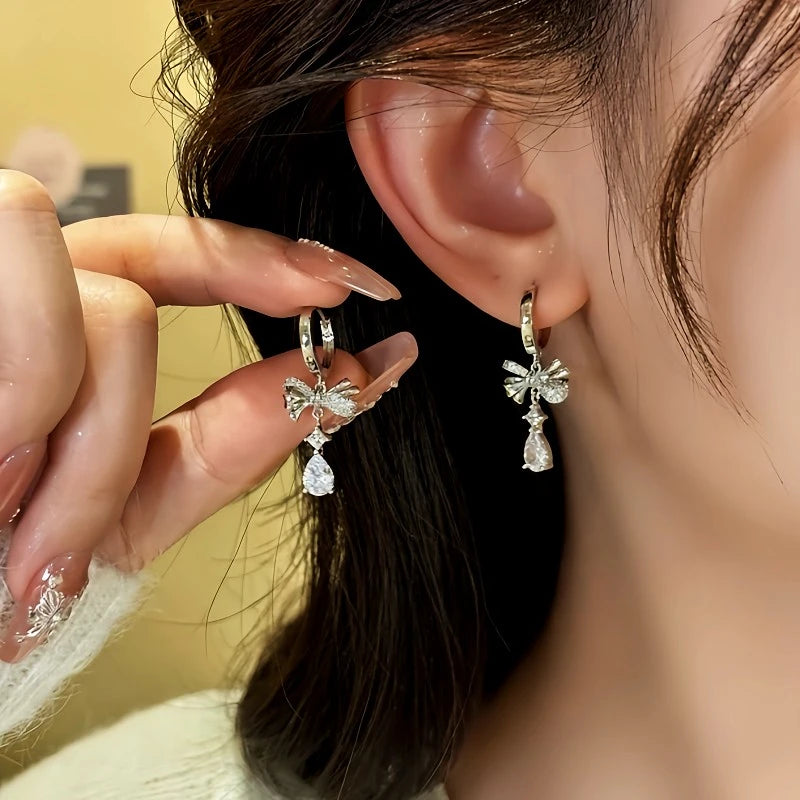 14K Gold-Plated Elegant Zircon Bow Water Drop Earrings - elegant Bow Drop Earrings