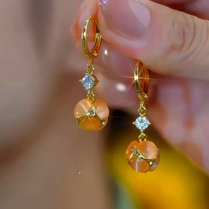 14K Gold-Plated Elegant Zircon Brown Cat's Eye Stone Earrings - elegant Brown Cat's Eye Earrings