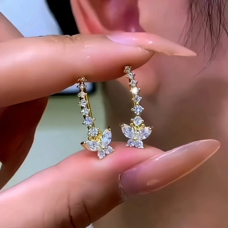 14K Gold-Plated Elegant Zircon Butterfly Diamond Crawler Earrings - elegant Butterfly Crawlers