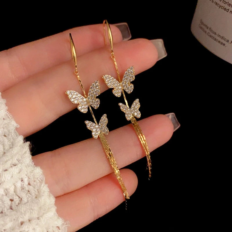 Close-up detail of the sparkling zircons and plating on the Butterfly Tassel Earrings