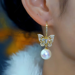 14K Gold-Plated Elegant Zircon Butterfly Mabe Pearl Ear Hooks - elegant Pearl Ear Hooks