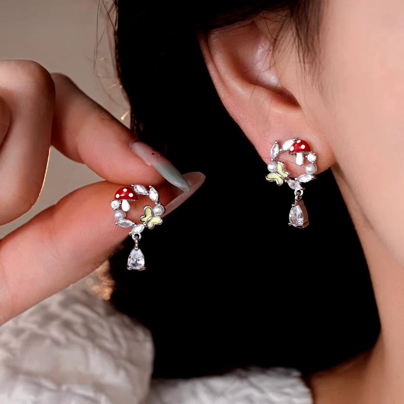 14K Gold-Plated Elegant Zircon Butterfly Mushroom Earrings - elegant Mushroom Earrings