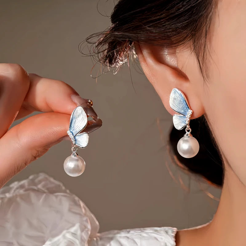 14K Gold-Plated Elegant Zircon Butterfly Pearl Earrings - elegant Butterfly Pearl Earrings