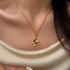 14K Gold-Plated Elegant Zircon Butterfly Pearl Necklace worn to showcase its length and pendant detail