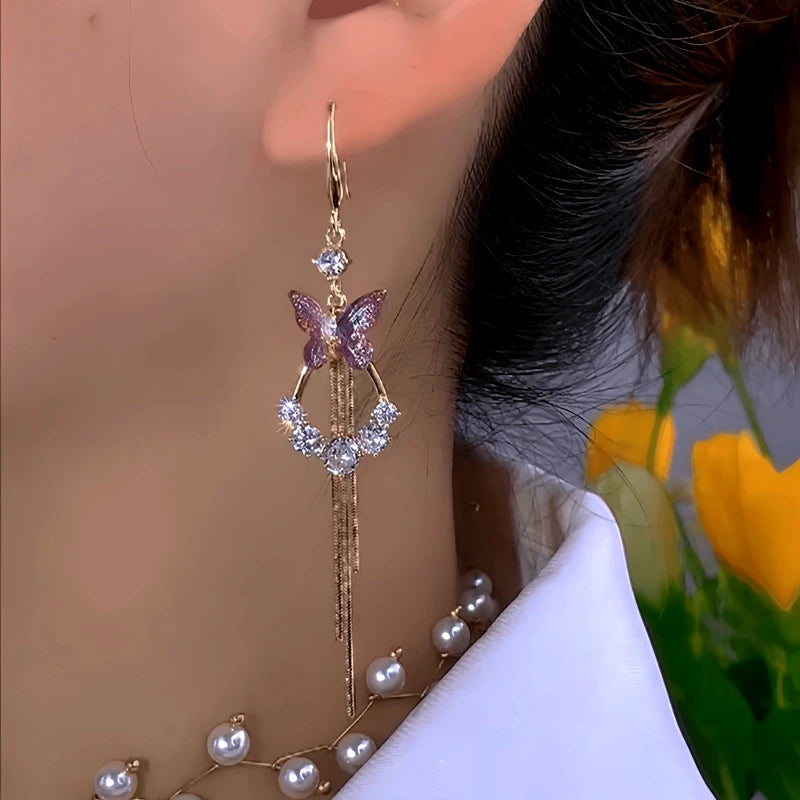 Close-up detail of the sparkling zircons and plating on the Purple Butterfly Earrings