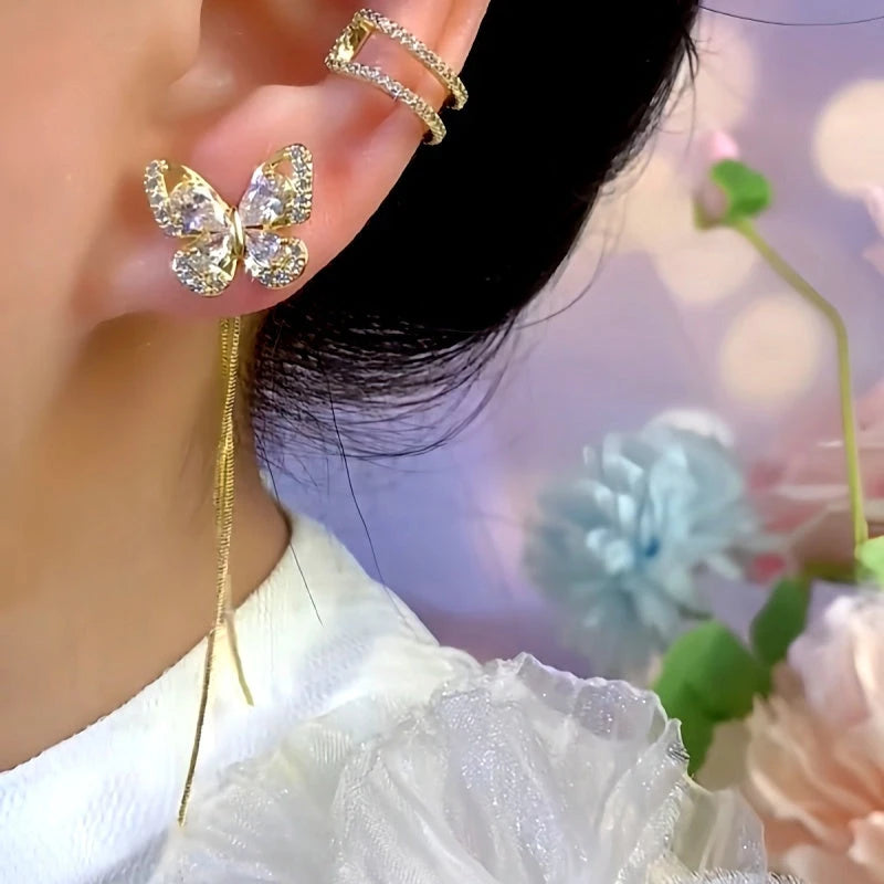 Close-up detail of the sparkling zircons and plating on the Butterfly Tassel Earrings