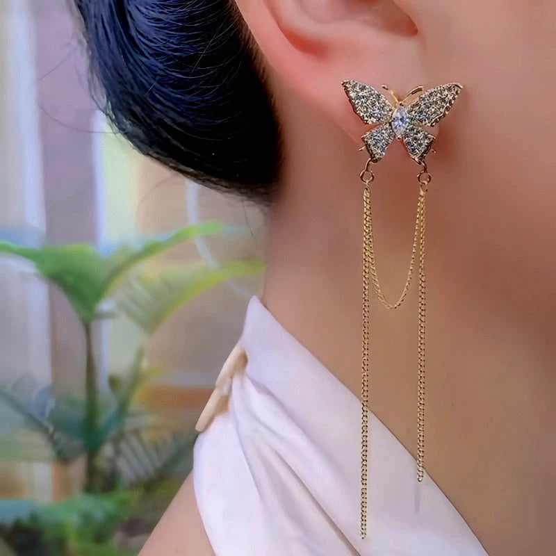 Close-up detail of the sparkling zircons and plating on the Butterfly Tassel Earrings