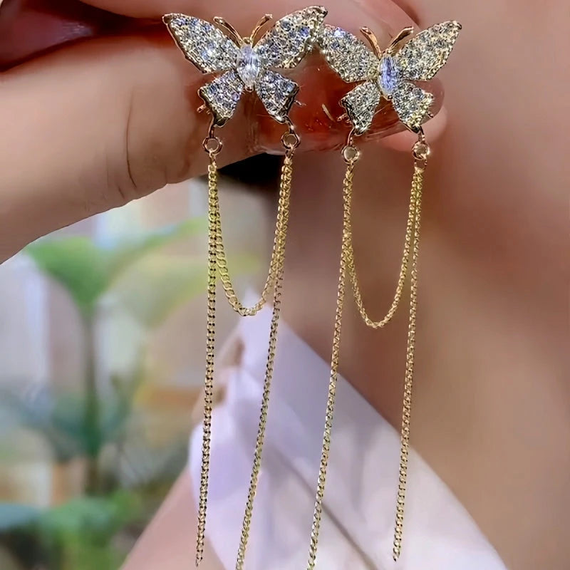 14K Gold-Plated Elegant Zircon Butterfly Tassel Earrings - elegant Butterfly Tassel Earrings