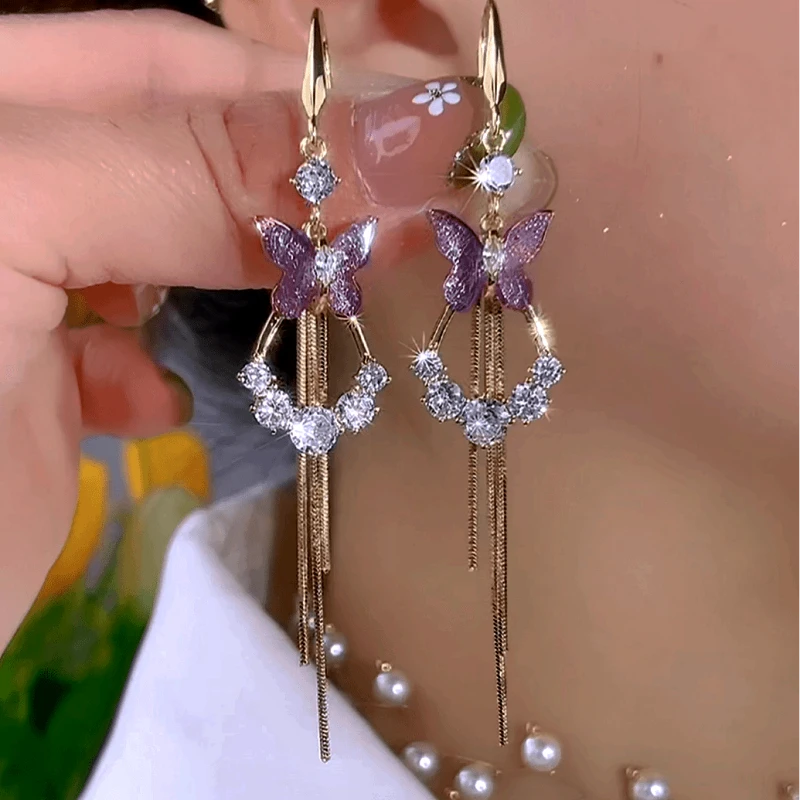 14K Gold-Plated Elegant Zircon Butterfly Tassel Earrings - elegant Purple Butterfly Earrings