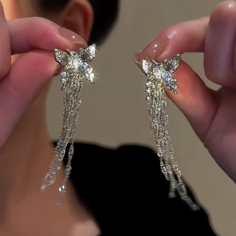 14K Gold-Plated Elegant Zircon Butterfly Tassel Earrings - elegant Butterfly Tassel Earrings