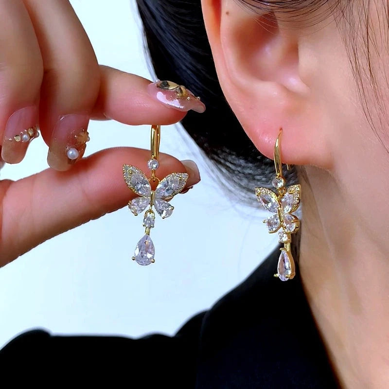 14K Gold-Plated Elegant Zircon Butterfly Water Drop Ear Hook Earrings - elegant Butterfly Ear Hooks