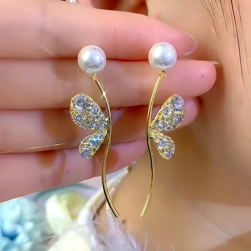 14K Gold-Plated Elegant Zircon Butterfly Wing Pearl Earrings - elegant Butterfly Wing Earrings