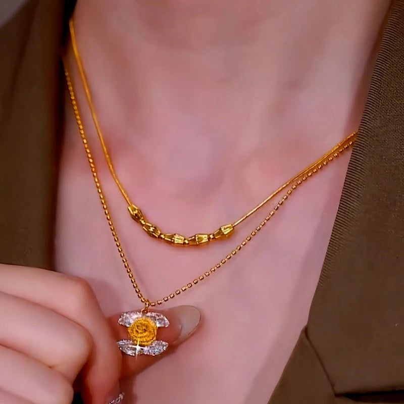 14K Gold-Plated Elegant Zircon C-Rose Necklace - beautiful Rose Necklace