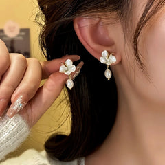 14K Gold-Plated Elegant Zircon Camellia Bead Tassel Earrings - elegant Camellia Tassel Earrings