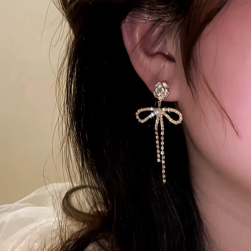 14K Gold-Plated Elegant Zircon Camellia Pearl Bow Earrings - elegant Camellia Pearl Earrings