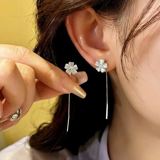 14K Gold-Plated Elegant Zircon Cat's Eye Flower Threader Earrings - elegant Cat's Eye Flower Threaders