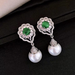 Angled view of the 14K Gold-Plated Elegant Zircon Cat's Eye Pearl Earrings