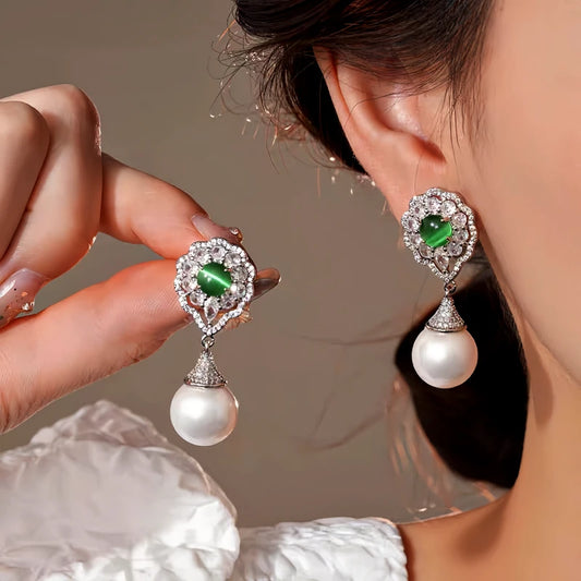 14K Gold-Plated Elegant Zircon Cat's Eye Pearl Earrings - elegant Cat's Eye Pearl Earrings