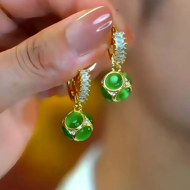 14K Gold-Plated Elegant Zircon Cat's Eye Stone Ball Earrings - elegant Green Cat's Eye Earrings