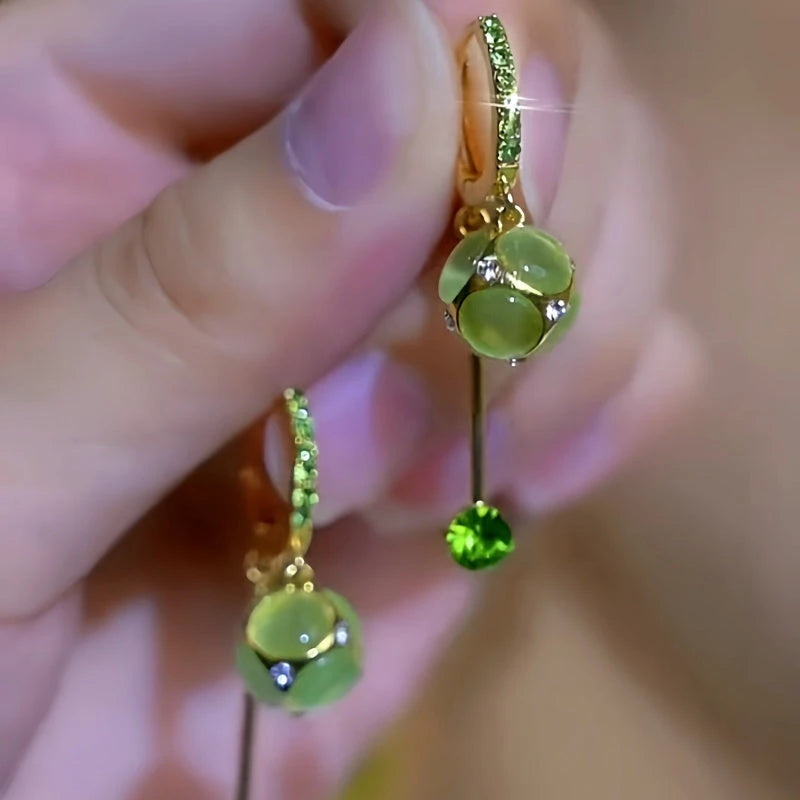 14K Gold-Plated Elegant Zircon Cat's Eye Stone Ball Tassel Earrings - elegant Cat's Eye Tassel Earrings