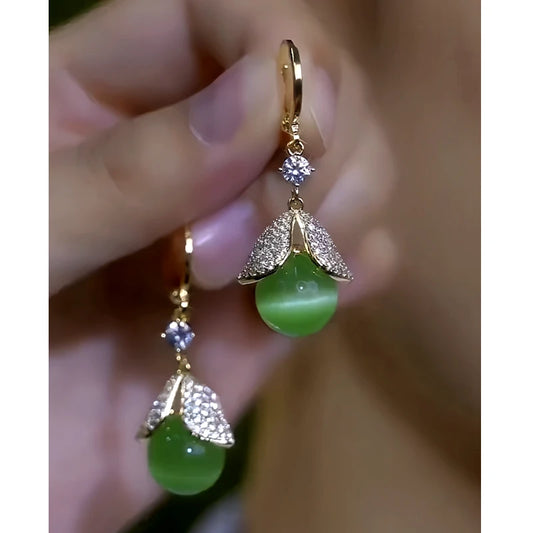 14K Gold-Plated Elegant Zircon Cat's Eye Stone Bead Earrings - elegant Green Cat's Eye Earrings