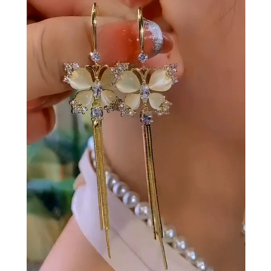 14K Gold-Plated Elegant Zircon Cat's Eye Stone Butterfly Ear Hook Tassel Earrings - elegant Butterfly Tassel Ear Hooks