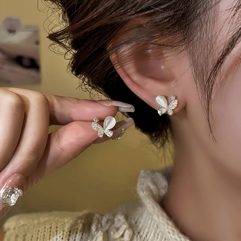 14K Gold-Plated Elegant Zircon Cat's Eye Stone Butterfly Stud Earrings - elegant Cat's Eye Butterfly Studs