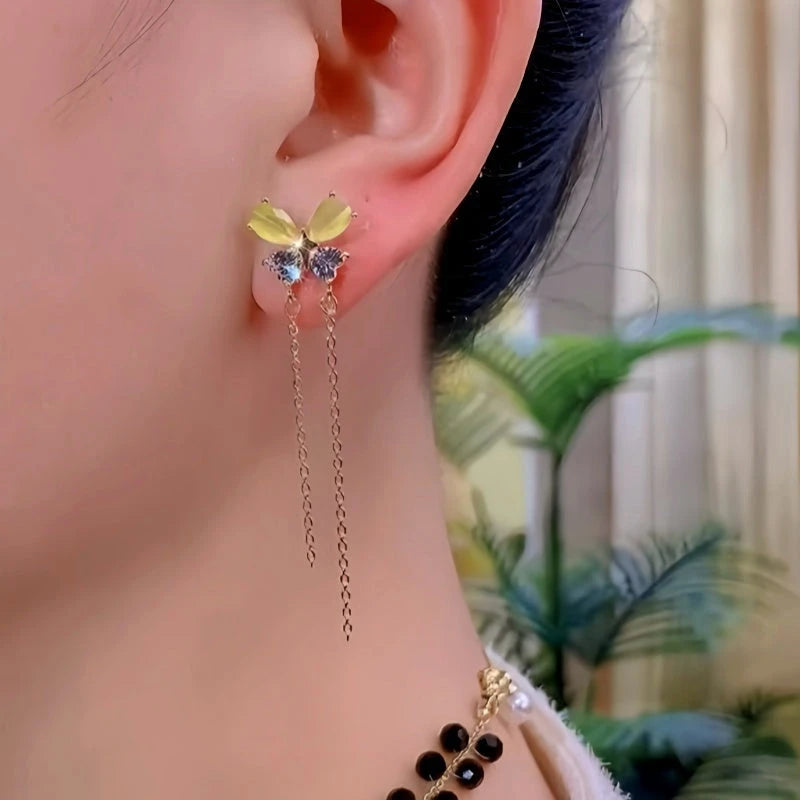 Close-up detail of the sparkling zircons and plating on the Butterfly Tassel Earrings