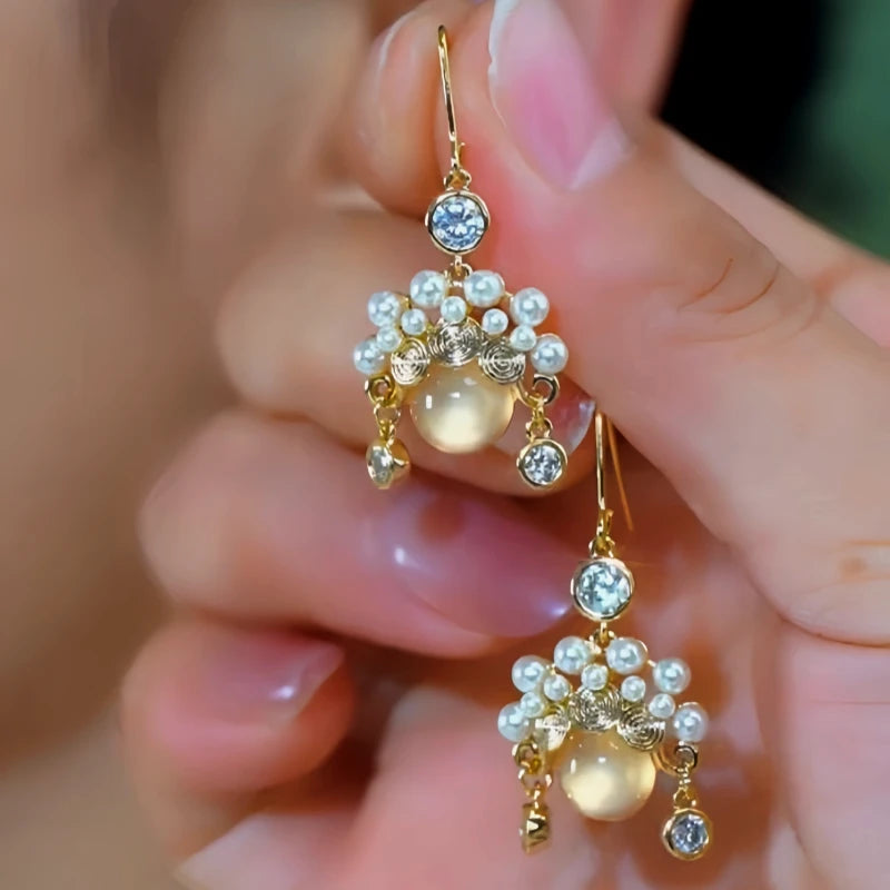 14K Gold-Plated Elegant Zircon Cat's Eye Stone Ear Hooks - elegant Cat's Eye Ear Hooks