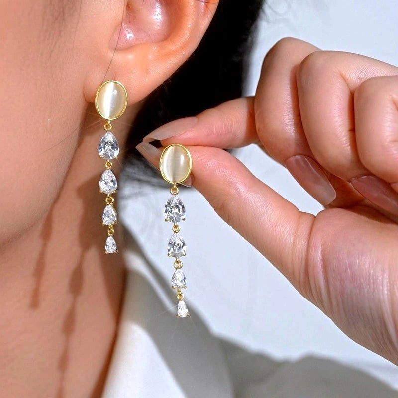 Close-up detail of the sparkling zircons and plating on the Cat's Eye Earrings