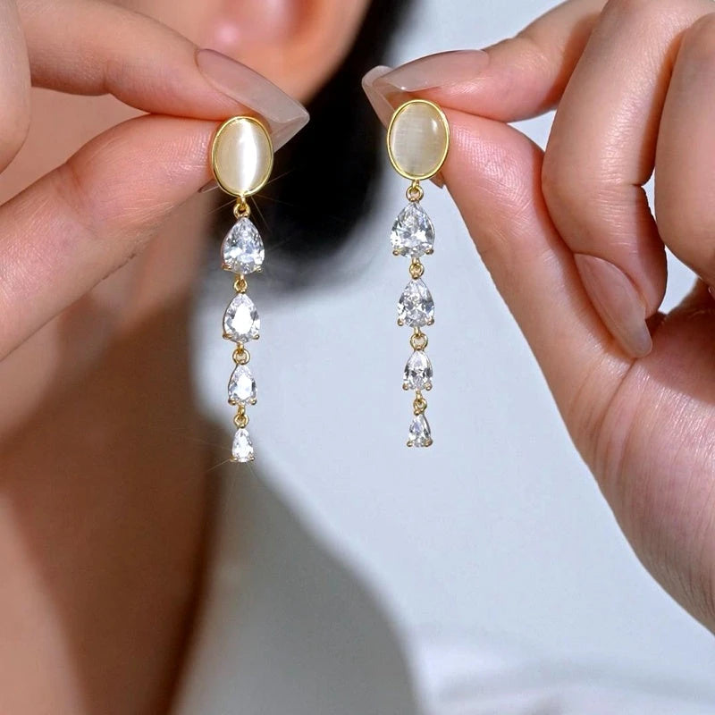 14K Gold-Plated Elegant Zircon Cat's Eye Stone Earrings - elegant Cat's Eye Earrings