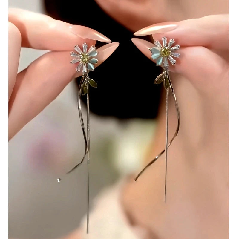 14K Gold-Plated Elegant Zircon Cat's Eye Stone Flower Tassel Earrings - elegant Flower Tassel Earrings