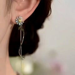 Close-up detail of the sparkling zircons and plating on the Flower Tassel Earrings