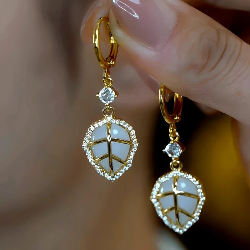 14K Gold-Plated Elegant Zircon Cat's Eye Stone Leaf Earrings - elegant Gold Leaf Earrings