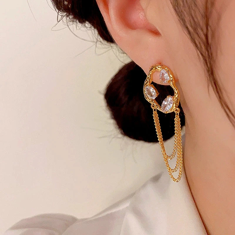 Model showcasing the dangle and style of the 14K Gold-Plated Elegant Zircon Chain Tassel Earrings