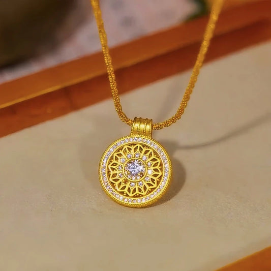 14K Gold-Plated Elegant Zircon Compass Pendant Necklace worn to showcase its length and pendant detail