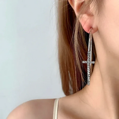 Angled view of the 14K Gold-Plated Elegant Zircon Cross Large Hoop Earrings