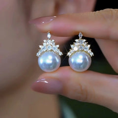 14K Gold-Plated Elegant Zircon Crown Imitation Pearl Earrings - elegant Crown Pearl Earrings