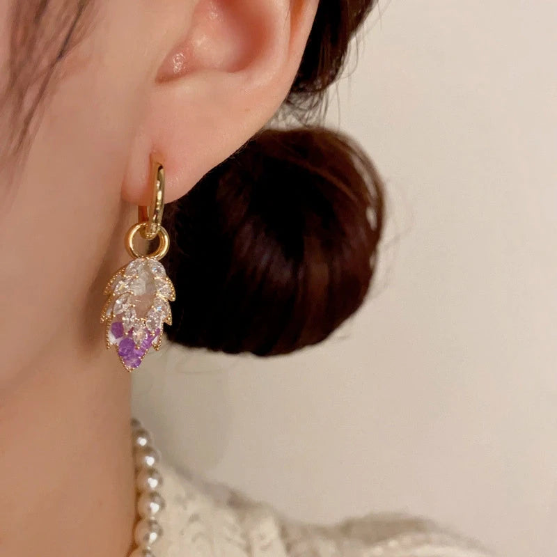 14K Gold-Plated Elegant Zircon Crystal Leaf Earrings - elegant Purple Crystal Earrings