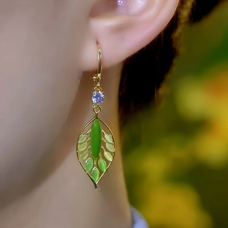 Close-up detail of the sparkling zircons and plating on the Crystal Leaf Earrings