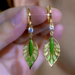 14K Gold-Plated Elegant Zircon Crystal Leaf Earrings - elegant Crystal Leaf Earrings