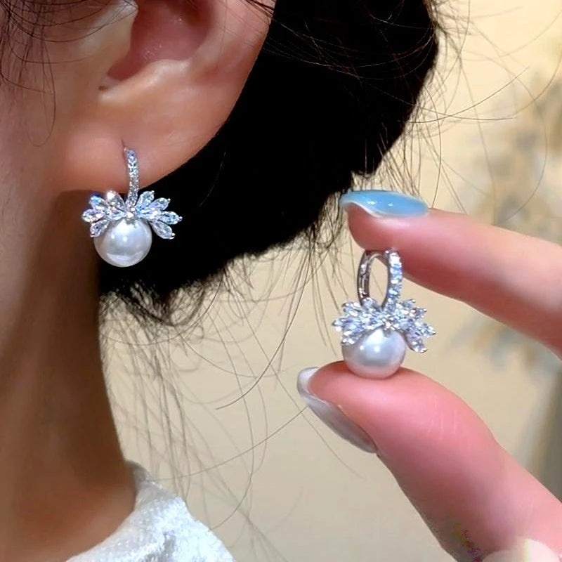 14K Gold-Plated Elegant Zircon DIamond Bead Pearl Earrings - elegant Pearl Earrings