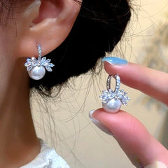 14K Gold-Plated Elegant Zircon DIamond Bead Pearl Earrings - elegant Pearl Earrings