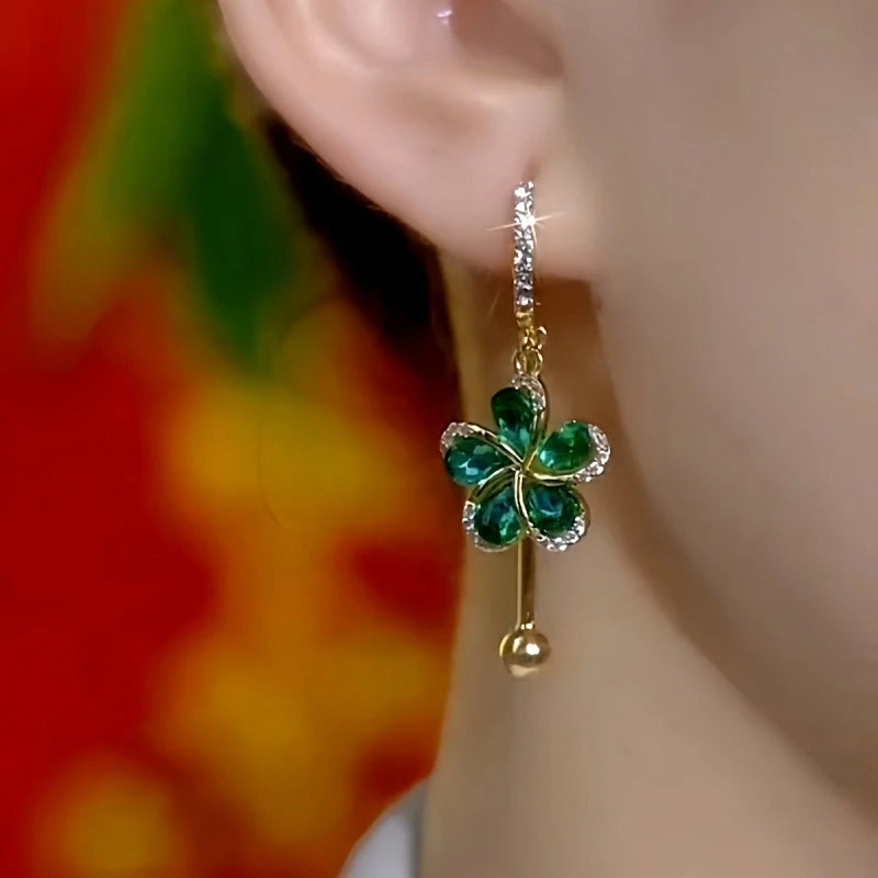 14K Gold-Plated Elegant Zircon Dark Green Petal-Flower Tassel Earrings - elegant Flower Tassel Earrings
