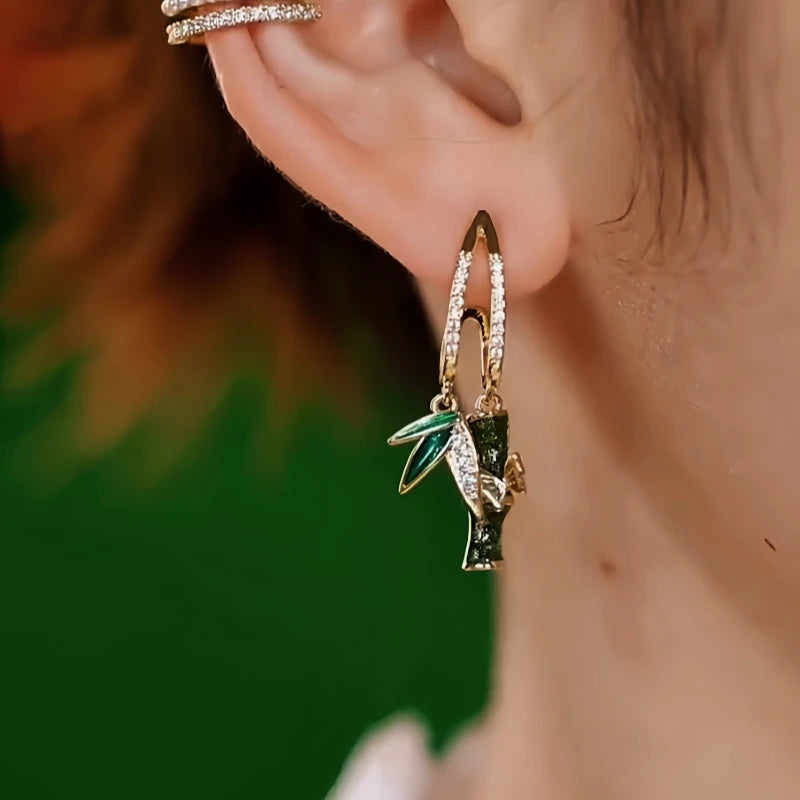 Close-up detail of the sparkling zircons and plating on the Bamboo Earrings