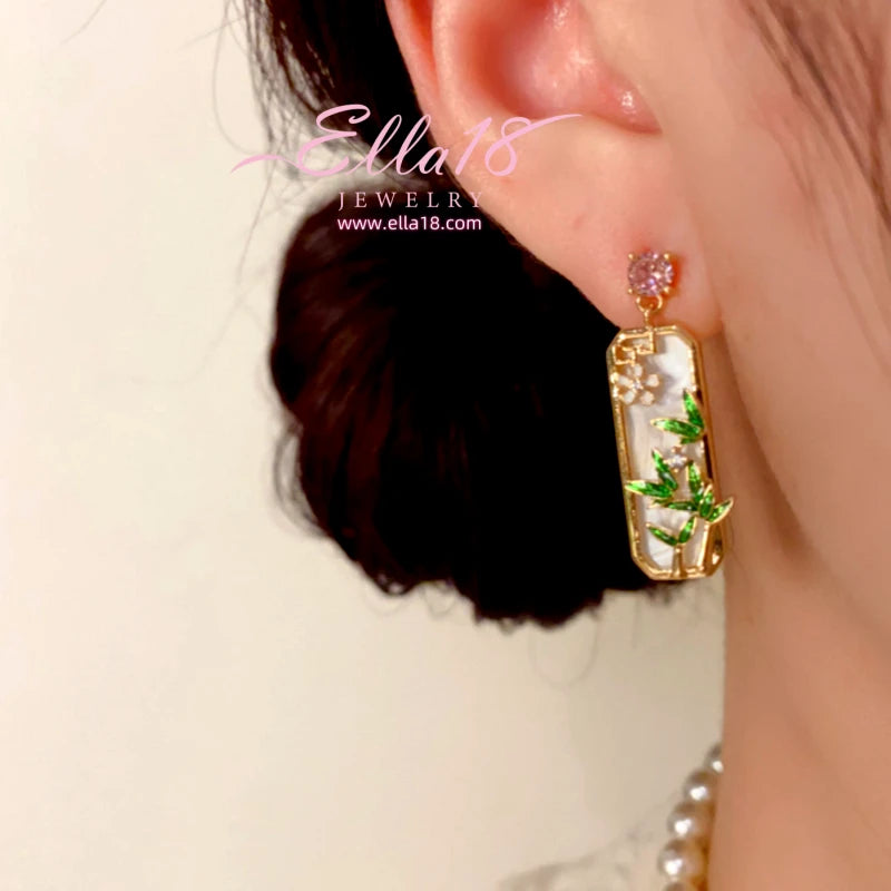 14K Gold-Plated Elegant Zircon Diamond Bamboo Leaf Earrings - elegant Bamboo Leaf Earrings