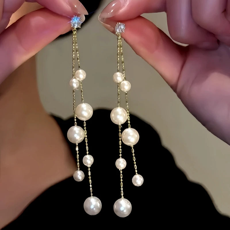 14K Gold-Plated Elegant Zircon Diamond Bead Tassel Earrings - elegant Bead Tassel Earrings