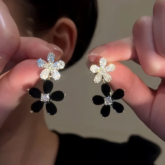 14K Gold-Plated Elegant Zircon Diamond Black Flower Earrings - elegant Black Flower Earrings
