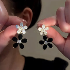 14K Gold-Plated Elegant Zircon Diamond Black Flower Earrings - elegant Black Flower Earrings